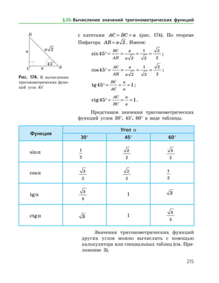 215
с ­ катетами AC BC a= = (рис. 174). По теореме
Пифагора AB a= 2 . Имеем:
sin45
2
1
2
2
2
 = = = =
BC
AB
a
a
;
cos45
2
1
2
2
2
 = = = =
AC
AB
a
a
;
tg45 1 = = =
BC
AC
a
a
;
ctg45 1 = = =
AC
BC
a
a
.
Представим значения тригонометрических
функций углов 30°, 45°, 60° в виде таблицы.
Рис. 174. К вычислению
тригонометрических функ­
ций угла 45°
Функция
Угол a
30° 45° 60°
sina 1
2
2
2
3
2
cosa 3
2
2
2
1
2
tga
3
3
1 3
ctga 3 1
3
3
Значения тригонометрических функций
других углов можно вычислить с помощью
калькулятора или специальных таблиц (см. При­
ложение 3).
§ 20.    Вычисление значений тригонометрических функций
 