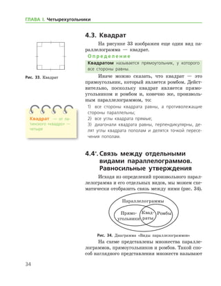 34
ГЛАВА І. Четырехугольники
4.3. Квадрат
На рисунке 33 изображен еще один вид па-
раллелограмма — квадрат.
О п р е д е л е н и е
Квадратом называется прямоугольник, у которого
все стороны равны.
Иначе можно сказать, что квадрат — это
прямоугольник, который является ромбом. Дейст­
вительно, поскольку квадрат является прямо-
угольником и ромбом и, конечно же, произволь-
ным параллелограммом, то:
1)	 все стороны квадрата равны, а противолежащие
стороны параллельны;
2)	 все углы квадрата прямые;
3)	 диагонали квадрата равны, перпендикулярны, де­
лят углы квадрата пополам и делятся точкой пересе­
чения пополам.
4.4*
.	Связь между отдельными
видами параллелограммов.
Равносильные утверждения
Исходя из определений произвольного па­рал­
лело­грамма и его отдельных видов, мы можем схе-
матически отобразить связь между ними (рис. 34).
Рис. 34. Диаграмма «Виды параллелограммов»
На схеме представлены множества паралле-
лограммов, прямоугольников и ромбов. Такой спо-
соб наглядного представления множеств ­называют
Рис. 33. КвадратРис. 33. Квадрат
Квадрат — от ла­
тинского «квадро» —
четыре
 