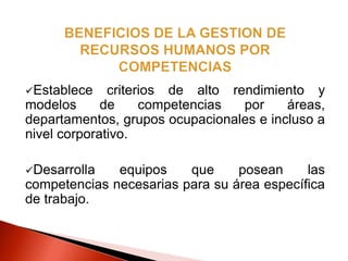 Establece criterios de alto rendimiento y
modelos de competencias por áreas,
departamentos, grupos ocupacionales e incluso a
nivel corporativo.
Desarrolla equipos que posean las
competencias necesarias para su área específica
de trabajo.
 