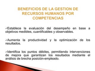 Establece la evaluación del desempeño en base a
objetivos medibles, cuantificables y observables.
Aumenta la productividad y la optimización de los
resultados.
Identifica los puntos débiles, permitiendo intervenciones
de mejora que garantizan los resultados mediante el
análisis de brecha posición-empleado.
 