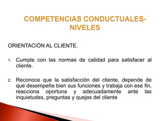 ORIENTACIÓN AL CLIENTE.
1. Cumple con las normas de calidad para satisfacer al
cliente.
2. Reconoce que la satisfacción del cliente, depende de
que desempeñe bien sus funciones y trabaja con ese fin,
reacciona oportuna y adecuadamente ante las
inquietudes, preguntas y quejas del cliente
 