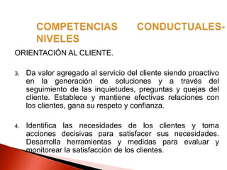 ORIENTACIÓN AL CLIENTE.
3. Da valor agregado al servicio del cliente siendo proactivo
en la generación de soluciones y a través del
seguimiento de las inquietudes, preguntas y quejas del
cliente. Establece y mantiene efectivas relaciones con
los clientes, gana su respeto y confianza.
4. Identifica las necesidades de los clientes y toma
acciones decisivas para satisfacer sus necesidades.
Desarrolla herramientas y medidas para evaluar y
monitorear la satisfacción de los clientes.
 