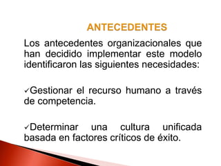 Los antecedentes organizacionales que
han decidido implementar este modelo
identificaron las siguientes necesidades:
Gestionar el recurso humano a través
de competencia.
Determinar una cultura unificada
basada en factores críticos de éxito.
 