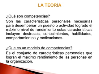 ¿Qué son competencias?
Son las características personales necesarias
para desempeñar un puesto o actividad logrado el
máximo nivel de rendimiento estas características
incluyen destrezas, conocimientos, habilidades,
comportamientos y motivaciones.
¿Que es un modelo de competencias?
Es el conjunto de características personales que
logran el máximo rendimiento de las personas en
la organización.
 