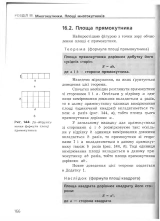РОЗДІЛ III Многокутники. Площі многокутників
а
а
Ь
а
б
Рис. 144. До обґрунту­
вання формули площі
прямокутника
16.2. Площа прямокутника
Найпростішою фігурою з точки зору обчис­
лення площі є прямокутник.
Т е о р е м а (формула площі прямокутника)
Площа прямокутника дорівнює добутку його
сусідніх сторін:
5 = аЬ,
де а і Ь — сторони прямокутника.
Наведемо міркування, на яких ґрунтується
доведення цієї теореми.
Спочатку необхідно розглянути прямокутник
зі сторонами 1 і а . Оскільки у відрізку а оди­
ниця вимірювання довжини вкладається а разів,
то в цьому прямокутнику одиниця вимірювання
площі (одиничний квадрат) вкладатиметься та­
кож а разів (рис. 144, а), тобто площа цього
прямокутника дорівнює а .
У загальному випадку для прямокутника
зі сторонами а і Ь розмірковуємо так: оскіль­
ки у відрізку Ь одиниця вимірювання довжини
вкладається Ь разів, то прямокутник зі сторо­
нами 1 і а вкладатиметься в даному прямокут­
нику також Ь разів (рис. 144, б). Тоді одиниця
вимірювання площі вкладається в даному пря­
мокутнику аЬ разів, тобто площа прямокутника
дорівнює аЬ.
Повне доведення цієї теореми подається
в Додатку 1.
Наслі док (формула площі квадрата)
Площа квадрата дорівнює квадрату його сто­
рони:
5 = а2,
де а —- сторона квадрата.
166
 