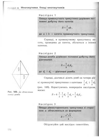 [РОЗДІЛ III Многокутники. Площі многокутників
Наслі док 1
Площа прямокутного трикутника дорівнює по­
ловині добутку його катетів:
~ і ,
8 = —аЬ,2
де а і Ь — катети прямокутного трикутника.
Справді, в прямокутному трикутнику ви­
сота, проведена до катета, збігається з іншим
катетом.
Наслі док 2
Рис. 149. До обчислення
площі ромба
Площа ромба дорівнює половині добутку його
діагоналей:
8 = - а ж ,
2
де і — діагоналі ромба.
Справді, діагоналі ділять ромб на чотири рів-
1 ^ • 1 лні прямокутні трикутники з катетами —а, і —а,
2 2
(рис. 149). Користуючись попереднім наслідком,
маємо:
5 = 4 - - - - Л - - Л = - Л Л .
2 2 2 2
Наслі док З
Площа рівностороннього трикутника зі сторо­
ною а обчислюється за формулою
„ а27З
Обґрунтуйте цей наслідок самостійно.
174
 