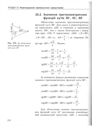 РОЗДІЛ IV Розв'язування прямокутних трикутників
Рис. 173. До обчислення
тригонометричних функ­
цій кута 30°
20.2. Значення тригонометричних
функцій кутів 30°, 45°, 60°
Обчислимо значення тригонометричних
функцій кута 30°. Для цього в рівносторонньо-
му трикутнику АВС зі стороною а проведемо
висоту В В , яка є також бісектрисою і медіа­
ною (рис. 173). У трикутнику АВВ АВ = 90°,
АВ = 30°, АВ - а , АВ = —, і за теоремою Пі-
2
фагора ВВ = —-- . Маємо:
. АО а 1
зіп 30° = -- = —:а = —;
АВ 2 2
ВИ аліз у[з
соз30° = -- = --- :а = ---;
АВ 2 2
ВБ 2 2 73 З
л_ ВО а3 а пг
сі§-30°= -- = ^ _ :- = 7з.
АВ 2 2
За допомогою формул доповнення отримуємо
значення тригонометричних функцій кута 60°:
/Г
зіп60° = зіп(90° -30°) = соз30° = -- ;
2
соз60° = соз(90° -30°) = зіпЗО0= —;
2
і£б0° = 1^(90° -30°) = сі£30° = л/з ;
/Г
сі£б0° = с^(90°-30°) = і£30° = — .
З
Для обчислення значень тригонометрич­
них функцій кута 45° розглянемо рівнобедре­
ний прямокутний трикутник АВС з катетами
214
 