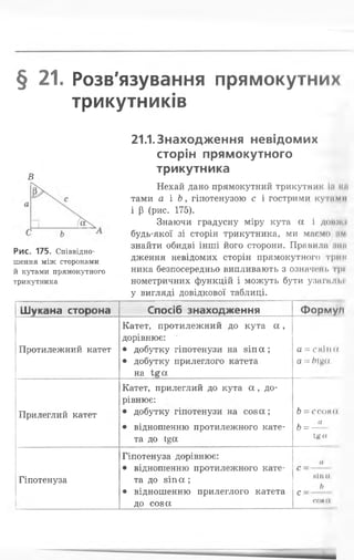 § 21. Розв'язування прямокутних
трикутників
в
Рис. 175. Співвідно­
шення між сторонами
йкутами прямокутного
трикутника
21.1. Знаходження невідомих
сторін прямокутного
трикутника
Нехай дано прямокутний трикутник І;і ті
тами а і Ь, гіпотенузою с і гострими кутами
і р (рис. 175).
Знаючи градусну міру кута а і донно
будь-якої зі сторін трикутника, ми маємо нм
знайти обидві інші його сторони. Правили мий
дження невідомих сторін прямокутного ТриІС
ника безпосередньо випливають з означиш, грі
нометричних функцій і можуть бути узнгилі.к
у вигляді довідкової таблиці.
Шукана сторона Спосіб знаходження Форму/!
Протилежний катет
Катет, протилежний до кута а ,
дорівнює: '
• добутку гіпотенузи на зіп а ;
• добутку прилеглого катета
на і£ а
а = сяіїш
а = ЬЩа
Прилеглий катет
Катет, прилеглий до кута а , до­
рівнює:
• добутку гіпотенузи на соза;
• відношенню протилежного кате­
та до 1§а
Ь= ссонм
ь = - і.
1к«
Гіпотенуза
Гіпотенуза дорівнює:
• відношенню протилежного кате­
та до зіп а ;
• відношенню прилеглого катета
до соза
а
віиа
с~ Ь
СОМ(1
 