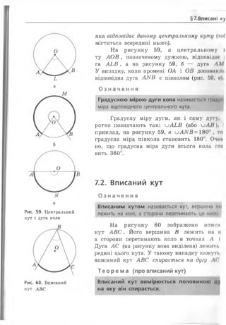 §7.Вписані ну
Ь
а
N
в
Рис. 59. Центральний
кут і дуга кола
Рис. 60. Вписаний
кут АВС
яка відповідає даному центральному куту (тої
міститься всередині нього).
На рисунку 59, а центральному і
ту А О В , позначеному дужкою, відповіде» і
га А Ь В , а на рисунку 59, б — дуга АІІ
У випадку, коли промені ОА і ОВ допоїти о.
відповідна дуга АNВ є півколом (рис. 69, н)
О з н а ч е н н я
Градусною мірою дуги кола називається граду
міра відповідного центрального кута.
Градусну міру дуги, я к і саму дугу,
ротко позначають так: и А Ь В (або и ЛН) . І
приклад, на рисунку 59, в иАІУВ = 180 , то
градусна міра півкола становить 180°, Очив
но, що градусна міра дуги всього кола стій
вить 360°.
7.2. Вписаний кут
Означ енн я
Вписаним кутом називається кут, вершин,» нм
лежить на колі, а сторони перетинають це коло
На рисунку 60 зображено влип*
кут А В С . Його вершина В лежить на і»
а сторони перетинають коло в точках А І
Дуга А С (на рисунку вона виділена) лежить
редині цього кута. У такому випадку кажуть,
вписаний кут А В С спирається на дугу АС
Те о р ем а (про вписаний кут)
Вписаний кут вимірюється половиною ду
на яку він спирається.
 