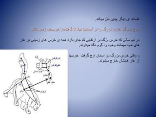 ‫میکند‬ ‫نقل‬ ‫چنین‬ ‫دیگر‬ ‫ای‬ ‫افسانه‬.
‫باشد‬ ‫زمین‬ ‫خرسهای‬ ‫گاهشمار‬ ‫تا‬ ‫نهاد‬ ‫آسمانها‬ ‫بر‬ ‫را‬ ‫بزرگ‬ ‫خرس‬ ‫بزرگ‬ ‫روح‬.
‫غار‬ ‫در‬ ‫زمینی‬ ‫های‬ ‫خرس‬ ‫ی‬ ‫همه‬ ‫دارد‬ ‫جای‬ ‫کم‬ ‫ارتفایی‬ ‫بر‬ ‫بزگ‬ ‫خرس‬ ‫که‬ ‫سالی‬ ‫نیم‬ ‫در‬
‫میدارند‬ ‫نگه‬ ‫گرم‬ ‫را‬ ‫وخود‬ ‫میمانند‬ ‫خود‬ ‫های‬.
‫خرسها‬ ‫گرفت‬ ‫اوج‬ ‫آسمان‬ ‫در‬ ‫بزرگ‬ ‫خرس‬ ‫وقتی‬ ‫و‬
‫میشوند‬ ‫خارج‬ ‫هایشان‬ ‫غار‬ ‫از‬.
 