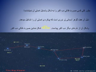 ‫نمیشناسد‬ ‫آن‬ ‫اصلی‬ ‫وشمایل‬ ‫شکل‬ ‫به‬ ‫را‬ ‫اکبر‬ ‫دب‬ ‫فلکی‬ ‫صورت‬ ‫کسی‬ ‫کلی‬ ‫بطور‬!
‫میدهند‬ ‫تشکیل‬ ‫را‬ ‫آن‬ ‫اصلی‬ ‫ی‬ ‫پیکره‬ ‫که‬ ‫است‬ ‫نوری‬ ‫ر‬ُ‫پ‬ ‫آسمانی‬ ‫گوهر‬ ‫هفت‬ ‫آن‬ ‫دلیل‬.
‫پیداست‬ ‫اکبر‬ ‫دب‬ ‫دیگر‬ ‫های‬ ‫نام‬ ‫از‬ ‫آن‬ ‫وشکل‬.‫مالقه‬‫اکبر‬ ‫دب‬ ‫فلکی‬ ‫صورت‬ ‫نمادین‬ ‫شکل‬.
 