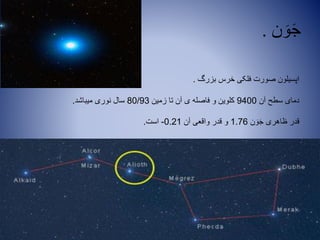 ‫ن‬ َ‫و‬َ‫ج‬.
‫بزرگ‬ ‫خرس‬ ‫فلکی‬ ‫صورت‬ ‫اپسیلون‬.
‫آن‬ ‫سطح‬ ‫دمای‬9400‫زمین‬ ‫تا‬ ‫آن‬ ‫ی‬ ‫فاصله‬ ‫و‬ ‫کلوین‬80/93‫میباشد‬ ‫نوری‬ ‫سال‬.
‫ن‬ َ‫و‬َ‫ج‬ ‫ظاهری‬ ‫قدر‬1.76‫آن‬ ‫واقعی‬ ‫قدر‬ ‫و‬0.21-‫است‬.
 