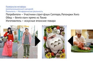 Развернутая метафора:
(коммуникационный сценарий)
Реальность — Метафорическая реальность
Потребители — Участники стрит-фэшн Саппоро, Рапонджи Хилз
Обед — бенто-ланч прямо из Токио
Изготовитель — искусные японские повара




                                               	
  
                	
                 	
  
 