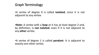 Graph Terminology
•A vertex of degree 0 is called isolated, since it is not
adjacent to any vertex.
•Note: A vertex with a loop at it has at least degree 2 and,
by definition, is not isolated, even if it is not adjacent to
any other vertex.
•A vertex of degree 1 is called pendant. It is adjacent to
exactly one other vertex.
 