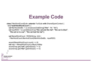 Example Code
class FilterWordCountSuite extends FunSuite with SharedSparkContext {
test("testFilterWordCount") {
val filterWordSetBc = sc.broadcast(Set[String]("the", "a", "is"))
val inputRDD = sc.parallelize(Array("the cat and the hat", "the car is blue",
"the cat is in a car", "the cat lost his hat"))
val filteredWordCount: RDD[(String, Int)] =
FilterWordCount.filterAndCount(filterWordSetBc, inputRDD)
assert(filteredWordCount.count() == 8)
val map = filteredWordCount.collect().toMap
assert(map.get("cat").getOrElse(0) == 3)
assert(map.get("the").getOrElse(0) == 0)
}
}
 