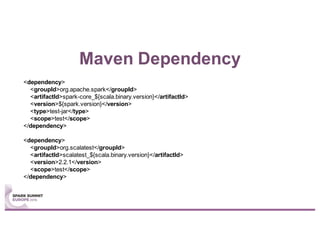 Maven Dependency
<dependency>
<groupId>org.apache.spark</groupId>
<artifactId>spark-core_${scala.binary.version}</artifactId>
<version>${spark.version}</version>
<type>test-jar</type>
<scope>test</scope>
</dependency>
<dependency>
<groupId>org.scalatest</groupId>
<artifactId>scalatest_${scala.binary.version}</artifactId>
<version>2.2.1</version>
<scope>test</scope>
</dependency>
 