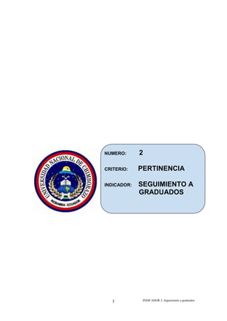 INDICADOR 2: Seguimiento a graduados1
NUMERO: 2
CRITERIO: PERTINENCIA
INDICADOR: SEGUIMIENTO A
GRADUADOS
 