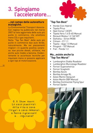 3. Spingiamo
        l’acceleratore…
     ...nel campo delle autovetture            “Top Ten Best”
     ecologiche.                               •   Honda Civic Hybrid
     La Environmental Transport Associa-       •   Toyota Prius
     tion inglese ha pubblicato nel marzo      •   Opel Corsa 1.3CDTi
     007 la lista aggiornata delle auto più   •   Toyota Yaris 1. D-D Manual
     pulite in commercio, che emettono         •   Renault Modus 1. 1V VVT
     meno CO e gas inquinanti.                •   Daihatsu - Sirion M300
     Nella “Top Ten Best” delle auto più       •   Citroen - C1 1.1
     pulite in commercio due auto ibride,      •   Toyota - Aygo 1.0 Manual
     naturalmente. Ma nei piazzamenti          •   Peugeot - 107 Manual
     migliori c’è qualche positiva sorpre-     •   Fiat - Panda 1.3
     sa: due piccole diesel, utilitarie, ma
     anche auto medie a benzina. Eviden-
     temente le accortezze tecniche per        Ma...esiste anche la
     inquinare meno si possono applicare       “Top Ten Worst”
     a ogni tipo di motorizzazione.            •   Lamborghini Diablo Roadster
                                               •   Lamborghini Murcielago Roadster
10
                                               •   Ferrari Superamerica
                                               •   Ferrari Scaglietti
                                               •   Bentley Azure
                                               •   Bentley Arnage RL
                                               •   Aston Martin Vanquish
                                               •   Aston Martin DB9 Manual
                                               •   Bentley Continental Flying Spur
                                               •   Ferrari Spider




          G. B. Shaw docet:
         Le cose piacevoli
         della vita o sono
     illegali o sono immorali
        o fanno ingrassare
           o….inquinano!
 