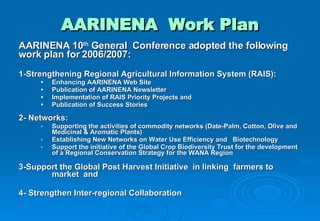 AARINENA  Work Plan AARINENA 10 th  General  Conference adopted the following work plan for 2006/2007: 1-Strengthening Regional Agricultural Information  System (RAIS): Enhancing AARINENA Web Site Publication of AARINENA Newsletter Implementation of RAIS Priority Projects and  Publication of Success Stories 2- Networks: Supporting the activities of commodity networks (Date-Palm, Cotton, Olive and Medicinal & Aromatic Plants) Establishing New Networks on Water Use Efficiency and  Biotechnology  Support the initiative of the Global Crop Biodiversity Trust for the development of a Regional Conservation Strategy for the WANA Region 3-Support the Global Post Harvest Initiative  in linking  farmers to  market  and  4- Strengthen Inter-regional Collaboration 