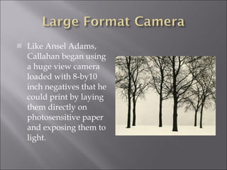 <ul><li>Like Ansel Adams, Callahan began using a huge view camera loaded with 8-by10 inch negatives that he could print by...