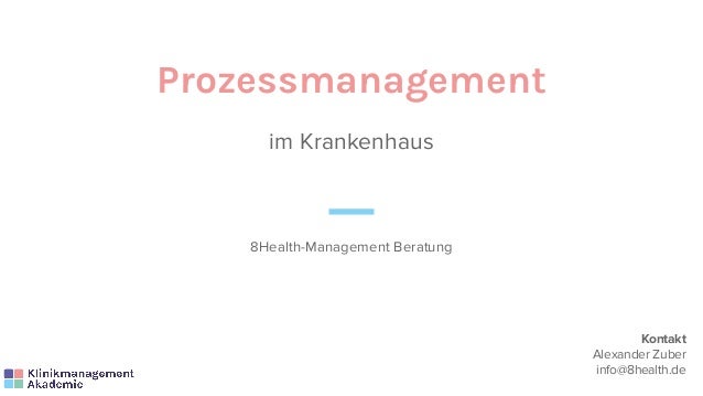 Prozessmanagement
im Krankenhaus
8Health-Management Beratung
Kontakt
Alexander Zuber
info@8health.de
 