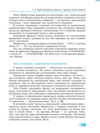 § 15. Будова електронних оболонок і характер хімічних елементів
81
Отже, Карбон може виявляти як металічний, так і неметалічний
характер. Але Карбон відносять до неметалічних елементів, оскільки
головна ознака неметалічних елементів — це здатність приєднувати
електрони, і вона переважає над здатністю їх віддавати.
В атомах перехідних елементів (d-елементів) на зовнішньому
енергетичному рівні переважно міститься два електрони. Завдяки
цьому всі перехідні елементи є металічними. Усі f-елементи (родини
лантаноїдів та актиноїдів) також є металічними.
Електронні формули йонів можна визначити за електронними
формулами атомів, додавши до них або віднявши від них потрібне
число електронів.
Наприклад, електронна формула атома Літію — 1s22s1, а катіона
Літію Li+ — 1s2, що збігається з формулою Гелію.
Під час утворення аніонів приєднані електрони займають вільні
місця на орбіталях. Наприклад, формула атома Хлору 1s22s22p63s23p5,
а аніона Cl– — 1s22s22p63s23p6, що збігається з електронною форму-
лою Аргону.
Зміна металічних і неметалічних властивостей
У різних хімічних елементів — металічних чи неметалічних —
різна хімічна активність. Це також зумовлено числом валентних
електронів на зовнішньому електронному шарі їхніх атомів.
Елементам І групи потрібно віддати один електрон, а ІІ групи —
два електрони. Один електрон віддати легше, ніж два. Отже, чим
більше електронів на зовнішньому рівні, тим атомам складніше їх
віддавати, тому зі збільшенням числа електронів на зовнішньому
рівні (у періодах) металічні властивості елементів послаблюються.
Чим більше електронів бракує до завершення електронного
шару, тим важче їх приєднувати, тож, чим менше електронів на зо-
внішньому шарі, тим слабшими є неметалічні властивості елементів.
У періоді зі збільшенням порядкового номера металічні власти-
вості елементів та утворених ними простих речовин послаблюються,
а неметалічні — посилюються (мал. 15.4, с. 82).
В елементів однієї групи на зовнішньому енергетичному рівні є
однакове число електронів. Наприклад, у лужних елементів в усіх
атомів по одному електрону, але вони розташовані на різних рів-
нях: в атомів Літію — на другому, Натрію — на третьому тощо.
Але, чим далі від ядра розташовані валентні електрони, тим менше
вони притягуються до ядра. Завдяки цьому атоми Натрію втрачають
електрони легше, ніж атоми Літію.
 