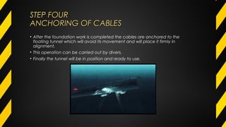 STEP FOURSTEP FOUR
ANCHORING OF CABLESANCHORING OF CABLES
• After the foundation work is completed the cables are anchored to the
floating tunnel which will avoid its movement and will place it firmly in
alignment.
• This operation can be carried out by divers.
• Finally the tunnel will be in position and ready to use.
 