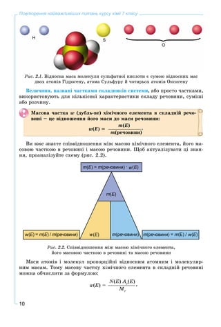 10
Повторення найважливіших питань курсу хімії 7 класу
О
H
S
Ðèñ. 2.1. Âіäíîñíà ìàñà ìîëåêóëè ñóëüôàòíîї êèñëîòè є ñóìîþ âіäíîñíèõ ìàñ
äâîõ àòîìіâ Ãіäðîãåíó, àòîìà Ñóëüôóðó é ÷îòèðüîõ àòîìіâ Îêñèãåíó
Âåëè÷èíè, íàçâàíі ÷àñòêàìè ñêëàäíèêіâ ñèñòåìè, àáî ïðîñòî ÷àñòêàìè,
âèêîðèñòîâóþòü äëÿ êіëüêіñíîї õàðàêòåðèñòèêè ñêëàäó ðå÷îâèíè, ñóìіøі
àáî ðîç÷èíó.
Ìàñîâà ÷àñòêà w (äóáëü-âå) õіìі÷íîãî åëåìåíòà â ñêëàäíіé ðå÷î-
âèíі – öå âіäíîøåííÿ éîãî ìàñè äî ìàñè ðå÷îâèíè:
w(E) =
m(E)
m(ðå÷îâèíè)
.
Âè âæå çíàєòå ñïіââіäíîøåííÿ ìіæ ìàñîþ õіìі÷íîãî åëåìåíòà, éîãî ìà-
ñîâîþ ÷àñòêîþ â ðå÷îâèíі і ìàñîþ ðå÷îâèíè. Ùîá àêòóàëіçóâàòè öі çíàí-
íÿ, ïðîàíàëіçóéòå ñõåìó (ðèñ. 2.2).
Ðèñ. 2.2. Ñïіââіäíîøåííÿ ìіæ ìàñîþ õіìі÷íîãî åëåìåíòà,
éîãî ìàñîâîþ ÷àñòêîþ â ðå÷îâèíі òà ìàñîþ ðå÷îâèíè
Ìàñè àòîìіâ і ìîëåêóë ïðîïîðöіéíі âіäíîñíèì àòîìíèì і ìîëåêóëÿð-
íèì ìàñàì. Òîìó ìàñîâó ÷àñòêó õіìі÷íîãî åëåìåíòà â ñêëàäíіé ðå÷îâèíі
ìîæíà îá÷èñëèòè çà ôîðìóëîþ:
w(E) =
N(E) Ar
(E)
Mr
,
 