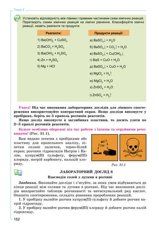 162
Тема 4
Установіть відповідність між лівими і правими частинами схем хімічних реакцій.
Перетворіть схеми хімічних реакцій на хімічні рівняння. Класифікуйте хімічні
реакції, назвіть реагенти та продукти.
Реагенти: Продукти реакції:
1) Ba(OH)2
+ CuSO4 а) BaSO4
+ H2
O
2) BaCO3
+ H2
SO4 б) BaSO4
+ CO2
+ H2
O
3) Ba(OH)2
+ H2
SO4 в) BaSO4
+ Cu(OH)2
4) Zn + H2
SO4
г) BaS + CuO + H2
O
5) Mg + HCl д) BaSO4
+ CuO + H2
O
е) MgCl2
+ H2
ж) MgCl2
+ H2
O
з) ZnSO4
+ H2
O
i) ZnSO4
+ H2
Óâàãà! Ïіä ÷àñ âèêîíàííÿ ëàáîðàòîðíèõ äîñëіäіâ äëÿ ëіïøîãî ñïîñòå-
ðåæåííÿ âèêîðèñòîâóéòå êîíòðàñòíèé åêðàí. ßêùî äîñëіäè âèêîíóєòå ó
ïðîáіðêàõ, áåðіòü ïî 5 êðàïåëü ðîç÷èíіâ ðåàãåíòіâ.
ßêùî äîñëіä âèêîíóєòå â çàãëèáèíàõ ïëàñòèíè, òî äîñèòü óçÿòè ïî
2–3 êðàïëі ðîç÷èíіâ ðåàãåíòіâ.
Áóäüòå îñîáëèâî îáåðåæíі ïіä ÷àñ ðîáîòè ç їäêèìè òà îòðóéíèìè ðå÷î-
âèíàìè! (Ðèñ. 31.1).
Âàì âèäàíî øòàòèâ ç ïðîáіðêàìè àáî
ïëàñòèíó äëÿ êðàïåëüíîãî àíàëіçó, ïі-
ïåòêè ñêëÿíі ïàëè÷êè, ÷îðíî-áіëèé
åêðàí; ðîç÷èíè ãіäðîêñèäіâ Íàòðіþ і Êà-
ëіþ, êóïðóì(ІІ) ñóëüôàòó, ôåðóì(ІІІ)
õëîðèäó, íàòðіé êàðáîíàòó, êàëüöіé õëî-
ðèäó.
ËÀÁÎÐÀÒÎÐÍÈÉ ÄÎÑËІÄ 6
Âçàєìîäіÿ ñîëåé ç ëóãàìè â ðîç÷èíі
Çàâäàííÿ. Âèêîíàéòå äîñëіäè і ç’ÿñóéòå, çà ÿêèõ óìîâ âіäáóâàþòüñÿ äî
êіíöÿ ðåàêöії ìіæ ñîëÿìè òà ëóãàìè â ðîç÷èíі. Ïіä ÷àñ âèêîíàííÿ äîñëі-
äіâ âèêîðèñòàéòå òàáëèöþ ðîç÷èííîñòі òà âèòèñêóâàëüíèé ðÿä êèñëîò.
Îïèøіòü ñïîñòåðåæåííÿ, ñêëàäіòü ðіâíÿííÿ ïðîðîáëåíèõ ðåàêöіé.
1. Ó ïðîáіðêó íàëèéòå ðîç÷èí êóïðóì(ІІ) ñóëüôàòó é äîáàâòå ðîç÷èí íà-
òðіé ãіäðîêñèäó.
2. Ó ïðîáіðêó íàëèéòå ðîç÷èí ôåðóì(ІІІ) õëîðèäó é äîáàâòå ðîç÷èí êàëіé
ãіäðîêñèäó.
Ðèñ. 31.1
 