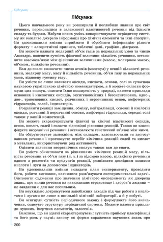 200
Підсумки
Ï³äñóìêè
Öüîãî íàâ÷àëüíîãî ðîêó âè ðîçøèðèëè é ïîãëèáèëè çíàííÿ ïðî ñâіò
ðå÷îâèí, ïåðåêîíàëèñÿ â çàëåæíîñòі âëàñòèâîñòåé ðå÷îâèí âіä їõíüîãî
ñêëàäó òà áóäîâè. Íàáóëè íîâèõ óìіíü âèêîðèñòîâóâàòè ïåðіîäè÷íó ñèñòå-
ìó ÿê âàæëèâå äæåðåëî іíôîðìàöії ïðî õіìі÷íі åëåìåíòè òà їõíі ñïîëóêè.
Âè âäîñêîíàëèëè âìіííÿ ñïðèéìàòè é îáðîáëÿòè іíôîðìàöіþ ðіçíîãî
ôîðìàòó – àëãîðèòìі÷íі ïðèïèñè, òàáëè÷íі äàíі, ãðàôіêè, äіàãðàìè.
Âè ìîæåòå íàçâàòè ìîëÿðíèé îá’єì ãàçіâ çà íîðìàëüíèõ óìîâ òà ÷èñëî
Àâîãàäðî, ïîÿñíèòè ñóòíіñòü ôіçè÷íîї âåëè÷èíè êіëüêіñòü ðå÷îâèíè, âñòàíî-
âèòè âçàєìîçâ’ÿçîê ìіæ ôіçè÷íèìè âåëè÷èíàìè (ìàñîþ, ìîëÿðíîþ ìàñîþ,
îá’єìîì, êіëüêіñòþ ðå÷îâèíè).
Âàì äî ñíàãè âèçíà÷èòè ÷èñëî àòîìіâ (ìîëåêóë) ó ïåâíіé êіëüêîñòі ðå÷î-
âèíè, ìîëÿðíó ìàñó, ìàñó é êіëüêіñòü ðå÷îâèíè, îá’єì ãàçó çà íîðìàëüíèõ
óìîâ, âіäíîñíó ãóñòèíó ãàçó.
Âè óìієòå íå ëèøå íàçèâàòè îêñèäè, êèñëîòè, îñíîâè, ñîëі çà ñó÷àñíîþ
íàóêîâîþ óêðàїíñüêîþ õіìі÷íîþ íîìåíêëàòóðîþ, à é ìîæåòå ñêëàñòè ôîð-
ìóëè öèõ ñïîëóê, îïèñàòè їõíþ ïîøèðåíіñòü ó ïðèðîäі, íàâåñòè ïðèêëàäè
îñíîâíèõ і êèñëîòíèõ îêñèäіâ, îêñèãåíîâìіñíèõ і áåçîêñèãåíîâèõ, îäíî-,
äâî-, òðèîñíîâíèõ êèñëîò, ðîç÷èííèõ і íåðîç÷èííèõ îñíîâ, àìôîòåðíèõ
ãіäðîêñèäіâ, ñîëåé, іíäèêàòîðіâ.
Ðîçðіçíèòè ðåàêöії çàìіùåííÿ, îáìіíó, íåéòðàëіçàöії, îñíîâíі é êèñëîòíі
îêñèäè, ðîç÷èííі é íåðîç÷èííі îñíîâè, àìôîòåðíі ãіäðîêñèäè, ñåðåäíі ñîëі
òàêîæ ó âàøіé êîìïåòåíöії.
Âè ìîæåòå ñõàðàêòåðèçóâàòè ôіçè÷íі òà õіìі÷íі âëàñòèâîñòі îêñèäіâ,
îñíîâ, êèñëîò, ñîëåé і ñêëàñòè âіäïîâіäíі ðіâíÿííÿ ðåàêöіé. Òàêîæ âè êëàñè-
ôіêóєòå íåîðãàíі÷íі ðå÷îâèíè і âñòàíîâëþєòå ãåíåòè÷íèé çâ’ÿçîê ìіæ íèìè.
Âè îáґðóíòîâóєòå çàëåæíіñòü ìіæ ñêëàäîì, âëàñòèâîñòÿìè òà çàñòîñó-
âàííÿì ðå÷îâèí і ïðîãíîçóєòå ïåðåáіã õіìі÷íèõ ðåàêöіé ñîëåé òà êèñëîò
ç ìåòàëàìè, âèêîðèñòîâóþ÷è ðÿä àêòèâíîñòі.
Îöіíèòè çíà÷åííÿ íåîðãàíі÷íèõ ñïîëóê òàêîæ âàì äî ñíàãè.
Âè óìієòå îá÷èñëþâàòè çà ðіâíÿííÿìè õіìі÷íèõ ðåàêöіé ìàñó, êіëü-
êіñòü ðå÷îâèíè òà îá’єì ãàçó (í. ó.) çà âіäîìîþ ìàñîþ, êіëüêіñòþ ðå÷îâèíè
îäíîãî ç ðåàãåíòіâ ÷è ïðîäóêòіâ ðåàêöії, ðîçïіçíàòè äîñëіäíèì øëÿõîì
êèñëîòè і ëóãè çà äîïîìîãîþ іíäèêàòîðіâ.
Âè óäîñêîíàëèëè âìіííÿ ñêëàäàòè ïëàí åêñïåðèìåíòó, ïðîâîäèòè
éîãî, ðîáèòè âèñíîâêè, íàâ÷èëèñÿ ðîçâ’ÿçóâàòè åêñïåðèìåíòàëüíі çàäà÷і.
Âèñëîâèòè ñóäæåííÿ ïðî çíà÷åííÿ õіìі÷íîãî åêñïåðèìåíòó ÿê äæåðåëà
çíàíü, ïðî âïëèâ ðå÷îâèí íà íàâêîëèøíє ñåðåäîâèùå і çäîðîâ’ÿ ëþäèíè –
öå çàâäàííÿ є äëÿ âàñ ïîñèëüíèì.
Âè íåóõèëüíî äîòðèìóєòåñÿ çàïîáіæíèõ çàõîäіâ ïіä ÷àñ ðîáîòè ç êèñëî-
òàìè і ëóãàìè íå ëèøå â øêіëüíіé õіìі÷íіé ëàáîðàòîðії, à é ó ïîáóòі.
Âè îñÿãíóëè ñóòíіñòü ïåðіîäè÷íîãî çàêîíó і ôîðìóëþєòå éîãî âèçíà-
÷åííÿ, îïèñóєòå ñòðóêòóðó ïåðіîäè÷íîї ñèñòåìè. Ìîæåòå íàâåñòè ïðèêëà-
äè ëóæíèõ, іíåðòíèõ åëåìåíòіâ, ãàëîãåíіâ.
Âàæëèâî, ùî âè çäàòíі ñõàðàêòåðèçóâàòè: ñóòíіñòü ïðèéîìó êëàñèôіêàöії
òà éîãî ðîëü ó íàóöі; çàêîíó ÿê ôîðìè âèðàæåííÿ íàóêîâèõ çíàíü ïðî
 