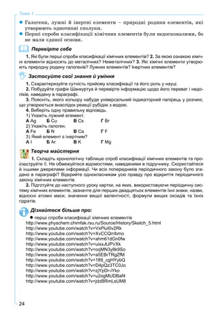 24
Тема 1
Ãàëîãåíè, ëóæíі é іíåðòíі åëåìåíòè – ïðèðîäíі ðîäèíè åëåìåíòіâ, ÿêі
óòâîðþþòü îäíîòèïíі ñïîëóêè.
Ïåðøі ñïðîáè êëàñèôіêàöії õіìі÷íèõ åëåìåíòіâ áóëè íåäîñêîíàëèìè, áî
íå ìàëè єäèíîї îñíîâè.
Перевірте себе
1. Які були перші спроби класифікації хімічних елементів? 2. За якою ознакою хіміч-
ні елементи відносять до металічних? Неметалічних? 3. Які хімічні елементи утворю-
ють природну родину галогенів? Лужних елементів? Інертних елементів?
Застосуйте свої знання й уміння
1. Схарактеризуйте сутність прийому класифікації та його роль у науці.
2. Побудуйте графік Шанкуртуа й перевірте інформацію щодо його переваг і недо-
ліків, наведену в параграфі.
3. Поясніть, якого кольору набуде універсальний індикаторний папірець у розчині,
що утворюється внаслідок реакції рубідію з водою.
4. Виберіть одну правильну відповідь.
1) Укажіть лужний елемент.
А Ag Б Cu В Cs Г Br
2) Укажіть галоген.
А Fe Б N В Ca Г F
3) Який елемент є інертним?
Б Ar В K Г Mg
Творча майстерня
1. Складіть хронологічну таблицю спроб класифікації хімічних елементів та про-
руйте її. Не обмежуйтеся відомостями, наведеними в підручнику. Скористайтеся
й іншими джерелами інформації. Чи всіх попередників періодичного закону було зга-
дано в параграфі? Відкрийте однокласникам усю правду про відкриття періодичного
закону хімічних елементів.
2. Підготуйте до наступного уроку картки, на яких, використовуючи періодичну сис-
тему хімічних елементів, зазначте для перших двадцятьох елементів їхні знаки, назви,
відносні атомні маси, значення вищої валентності, формули вищих оксидів та їхніх
гідратів.
Дізнайтеся більше про:
 перші спроби класифікації хімічних елементів
http://www.physchem.chimfak.rsu.ru/Source/History/Sketch_5.html
http://www.youtube.com/watch?v=VxPluI0v2Rk
http://www.youtube.com/watch?v=XvCCQrribmo
http://www.youtube.com/watch?v=ahm61dGn0fw
http://www.youtube.com/watch?v=uixxJtJPVXk
http://www.youtube.com/watch?v=oqMN3y8k9So
http://www.youtube.com/watch?v=a5EBrTRgZfM
http://www.youtube.com/watch?v=189_cgHYybQ
http://www.youtube.com/watch?v=D4pQz3TC0Jo
http://www.youtube.com/watch?v=zjYpDr-iYko
http://www.youtube.com/watch?v=u2ogMUDBaf4
http://www.youtube.com/watch?v=jdzBRmLsUM8
 