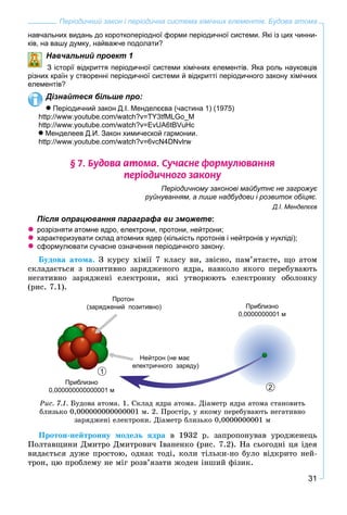 31
Періодичний закон і періодична система хімічних елементів. Будова атома
навчальних видань до короткоперіодної форми періодичної системи. Які із цих чинни-
ків, на вашу думку, найважче подолати?
Навчальний проект 1
З історії відкриття періодичної системи хімічних елементів. Яка роль науковців
різних країн у створенні періодичної системи й відкритті періодичного закону хімічних
елементів?
Дізнайтеся більше про:
 Періодичний закон Д.І. Менделєєва (частина 1) (1975)
http://www.youtube.com/watch?v=TY3tfMLGo_M
http://www.youtube.com/watch?v=EvUA6tBVuHc
Менделеев Д.И. Закон химической гармонии.
http://www.youtube.com/watch?v=6vcN4DNvlrw
§ 7. Áóäîâà àòîìà. Ñó÷àñíå ôîðìóëþâàííÿ
ïåð³îäè÷íîãî çàêîíó
Періодичному законові майбутнє не загрожує
руйнуванням, а лише надбудови і розвиток обіцяє.
Д.І. Менделєєв
Після опрацювання параграфа ви зможете:
розрізняти атомне ядро, електрони, протони, нейтрони;
характеризувати склад атомних ядер (кількість протонів і нейтронів у нукліді);
сформулювати сучасне означення періодичного закону.
Áóäîâà àòîìà. Ç êóðñó õіìії 7 êëàñó âè, çâіñíî, ïàì’ÿòàєòå, ùî àòîì
ñêëàäàєòüñÿ ç ïîçèòèâíî çàðÿäæåíîãî ÿäðà, íàâêîëî ÿêîãî ïåðåáóâàþòü
íåãàòèâíî çàðÿäæåíі åëåêòðîíè, ÿêі óòâîðþþòü åëåêòðîííó îáîëîíêó
(ðèñ. 7.1).
Ðèñ. 7.1. Áóäîâà àòîìà. 1. Ñêëàä ÿäðà àòîìà. Äіàìåòð ÿäðà àòîìà ñòàíîâèòü
áëèçüêî 0,000000000000001 ì. 2. Ïðîñòіð, ó ÿêîìó ïåðåáóâàþòü íåãàòèâíî
çàðÿäæåíі åëåêòðîíè. Äіàìåòð áëèçüêî 0,0000000001 ì
Ïðîòîí-íåéòðîííó ìîäåëü ÿäðà â 1932 ð. çàïðîïîíóâàâ óðîäæåíåöü
Ïîëòàâùèíè Äìèòðî Äìèòðîâè÷ Іâàíåíêî (ðèñ. 7.2). Íà ñüîãîäíі öÿ іäåÿ
âèäàєòüñÿ äóæå ïðîñòîþ, îäíàê òîäі, êîëè òіëüêè-íî áóëî âіäêðèòî íåé-
òðîí, öþ ïðîáëåìó íå ìіã ðîçâ’ÿçàòè æîäåí іíøèé ôіçèê.
1
2
 
