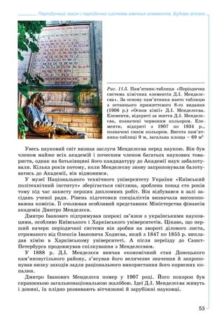 53
Періодичний закон і періодична система хімічних елементів. Будова атома
Ðèñ. 11.5. Ïàì’ÿòíèê-òàáëèöÿ «Ïåðіîäè÷íà
ñèñòåìà õіìі÷íèõ åëåìåíòіâ Ä.І. Ìåíäåëє-
єâà». Çà îñíîâó ïàì’ÿòíèêà âçÿòî òàáëèöþ
ç îñòàííüîãî ïðèæèòòєâîãî 8-ãî âèäàííÿ
(1906 ð.) «Îñíîâ õіìії» Ä.І. Ìåíäåëєєâà.
Åëåìåíòè, âіäêðèòі çà æèòòÿ Ä.І. Ìåíäåëє-
єâà, ïîçíà÷åíі ÷åðâîíèì êîëüîðîì. Åëå-
ìåíòè, âіäêðèòі ç 1907 ïî 1934 ð.,
ïîçíà÷åíі ñèíіì êîëüîðîì. Âèñîòà ïàì’ÿò-
íèêà-òàáëèöі 9 ì, çàãàëüíà ïëîùà – 69 ì2
Óâåñü íàóêîâèé ñâіò âèçíàâ çàñëóãè Ìåíäåëєєâà ïåðåä íàóêîþ. Âіí áóâ
÷ëåíîì ìàéæå âñіõ àêàäåìіé і ïî÷åñíèì ÷ëåíîì áàãàòüîõ íàóêîâèõ òîâà-
ðèñòâ, îäíàê íà áàòüêіâùèíі éîãî êàíäèäàòóðó äî Àêàäåìії íàóê çàáàëîòó-
âàëè. Êіëüêà ðîêіâ ïîòîìó, êîëè Ìåíäåëєєâó çíîâó çàïðîïîíóâàëè áàëîòó-
âàòèñü äî Àêàäåìії, âіí âіäìîâèâñÿ.
Ó ìóçåї Íàöіîíàëüíîãî òåõíі÷íîãî óíіâåðñèòåòó Óêðàїíè «Êèїâñüêèé
ïîëіòåõíі÷íèé іíñòèòóò» çáåðіãàєòüñÿ ñâіòëèíà, çðîáëåíà ïîíàä ñòî ðîêіâ
òîìó ïіä ÷àñ çàõèñòó ïåðøèõ äèïëîìíèõ ðîáіò. Âіí âіäáóâàâñÿ â çàëі çà-
ñіäàíü ó÷åíîї ðàäè. Ðіâåíü ïіäãîòîâêè ñïåöіàëіñòіâ âèçíà÷àëà âèñîêîïî-
âàæíà êîìіñіÿ. Її î÷îëþâàâ îñîáëèâèé ïðåäñòàâíèê Ìіíіñòåðñòâà ôіíàíñіâ
àêàäåìіê Äìèòðî Ìåíäåëєєâ.
Äìèòðî Іâàíîâè÷ ïіäòðèìóâàâ øèðîêі çâ’ÿçêè ç óêðàїíñüêèìè íàóêîâ-
öÿìè, îñîáëèâî Êèїâñüêîãî і Õàðêіâñüêîãî óíіâåðñèòåòіâ. Öіêàâî, ùî ïåð-
øèé íà÷åðê ïåðіîäè÷íîї ñèñòåìè âіí çðîáèâ íà çâîðîòі äіëîâîãî ëèñòà,
îòðèìàíîãî âіä Îëåêñіÿ Іâàíîâè÷à Õîäíєâà, ÿêèé ç 1847 ïî 1855 ð. âèêëà-
äàâ õіìіþ â Õàðêіâñüêîìó óíіâåðñèòåòі. À ïіñëÿ ïåðåїçäó äî Ñàíêò-
Ïåòåðáóðãà ïðîäîâæóâàâ ñïіëêóâàííÿ ç Ìåíäåëєєâèì.
Ó 1888 ð. Ä.І. Ìåíäåëєєâ âèâ÷àâ åêîíîìі÷íèé ñòàí Äîíåöüêîãî
êàì’ÿíîâóãіëüíîãî ðàéîíó, ç’ÿñóâàâ éîãî âåëè÷åçíå çíà÷åííÿ é çàïðîïî-
íóâàâ íèçêó çàõîäіâ çàäëÿ ðàöіîíàëüíîãî âèêîðèñòàííÿ éîãî êîðèñíèõ êî-
ïàëèí.
Äìèòðî Іâàíîâè÷ Ìåíäåëєєâ ïîìåð ó 1907 ðîöі. Éîãî ïîõîðîí áóâ
ñïðàâæíüîþ çàãàëüíîíàöіîíàëüíîþ æàëîáîþ. Іäåї Ä.І. Ìåíäåëєєâà æèâóòü
і äîíèíі, їõ ïëіäíî ðîçâèâàþòü âіò÷èçíÿíі é çàðóáіæíі íàóêîâöі.
 