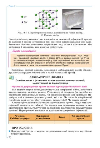 70
Тема 2
2
Cl–
Na+
1
Ðèñ. 14.7. 1. Êóëåñòåðæíåâà ìîäåëü êðèñòàëі÷íèõ ґðàòîê ãàëіòó.
2. Êðèñòàë ãàëіòó
Їõíÿ êðèõêіñòü çóìîâëåíà òèì, ùî íàâіòü çà íåâåëèêîї äåôîðìàöії êðèñòà-
ëà êàòіîíè é àíіîíè çñóâàþòüñÿ òàê, ùî ñèëè âіäøòîâõóâàííÿ ìіæ îäíî-
éìåííèìè éîíàìè ïî÷èíàþòü ïåðåâàæàòè íàä ñèëàìè ïðèòÿãàííÿ ìіæ
êàòіîíàìè é àíіîíàìè, òîæ êðèñòàë ðóéíóєòüñÿ.
Цікаво і пізнавально
Науково-технологічний комплекс «Інститут монокристалів» НАН Укра-
їни – провідний науковий центр. У травні 2015 р. виграв конкурс НАНУ на
постачання монокристалічного сапфіру. Цей стратегічний матеріал буде ви-
користовуватися для створення оптичних елементів протидії самонавідним
боєголовкам, а також для вдосконалення прозорої броні.
Çàêðіïèìî çäîáóòі çíàííÿ, âèêîíàâøè ëàáîðàòîðíèé äîñëіä (іíäèâі-
äóàëüíî çà ïîðàäîþ â÷èòåëÿ àáî â ìàëіé íàâ÷àëüíіé ãðóïі).
ËÀÁÎÐÀÒÎÐÍÈÉ ÄÎÑËІÄ 1
Îçíàéîìëåííÿ ç ôіçè÷íèìè âëàñòèâîñòÿìè ðå÷îâèí àòîìíîї,
ìîëåêóëÿðíîї òà éîííîї áóäîâè
Неухильно дотримуйтеся правил безпеки під час роботи в кабінеті хімії!
Âàì âèäàíî íàòðіé õëîðèä (êóõîííó ñіëü), êâàðöîâèé ïіñîê, øìàòî÷êè
ëüîäó, ñàõàðîçó, âàíіëіí, ìåíòîë. Ðîçãëÿíüòå öі ðå÷îâèíè (çà ïîòðåáè âè-
êîðèñòàéòå çáіëüøóâàëüíå ñêëî). ×è îäíàêîâîї ôîðìè їõíі êðèñòàëè? Ïå-
ðåâіðòå, ÿêі ç ðå÷îâèí ðîç÷èííі ó âîäі, ÿêі – íі. ×è ëåãêî їõ ïîäðіáíèòè?
Íàñêіëüêè âîíè ëåãêî- àáî òóãîïëàâêі, òåðìîñòіéêі? ×è ìàþòü çàïàõ?
Êëàñèôіêóéòå ðå÷îâèíè çà òèïàìè êðèñòàëі÷íèõ ґðàòîê. Ðåçóëüòàòè êëà-
ñèôіêàöії çàïèøіòü äî òàáëèöі. ×è âäàëîñÿ âàì ïðàâèëüíî âèçíà÷èòè òèï
êðèñòàëі÷íèõ ґðàòîê, ґðóíòóþ÷èñü íà ôіçè÷íèõ âëàñòèâîñòÿõ äîñëіäæóâàíèõ
ðå÷îâèí? Ïåðåâіðòå ñâîї âèñíîâêè çà äîäàòêîâèìè äæåðåëàìè іíôîðìàöії.
Речовина,
її хімічна формула
Відношення
до нагрівання
Запах
Тип кристалічних
ґраток
ÏÐÎ ÃÎËÎÂÍÅ
Êðèñòàëі÷íі ґðàòêè – ìîäåëü, çà äîïîìîãîþ ÿêîї îïèñóþòü âíóòðіøíþ
áóäîâó êðèñòàëіâ.
 