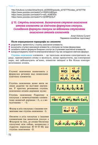 72
Тема 2
http://tvkultura.ru/video/show/brand_id/20939/episode_id/167776/video_id/167776/
https://www.youtube.com/watch?v=rS9XVmBDqzo
https://www.youtube.com/watch?v=wQ_4G8E5l3o
https://www.youtube.com/watch?v=GH9fTIjC6uY
§ 15. Ñòóï³íü îêèñíåííÿ. Âèçíà÷åííÿ ñòóïåíÿ îêèñíåííÿ
àòîìà åëåìåíòà çà õ³ì³÷íîþ ôîðìóëîþ ñïîëóêè.
Ñêëàäàííÿ ôîðìóëè ñïîëóêè çà â³äîìèìè ñòóïåíÿìè
îêèñíåííÿ àòîì³â åëåìåíò³â
Amat Victoria Curam!
Перемога полюбляє підготовку!
Після опрацювання параграфа ви зможете:
розрізнятии валентність і ступінь окиснення елемента;
визначати ступені окиснення елементів у сполуках за їхніми формулами;
складати хімічні формули бінарних сполук за ступенями окиснення елементів;
використовувати поняття електронегативності під час складання хімічних формул.
Ñòóïіíü îêèñíåííÿ åëåìåíòà – öå ÷èñåëüíà âåëè÷èíà åëåêòðè÷íîãî çà-
ðÿäó, ïðèïèñóâàíîãî àòîìó â ìîëåêóëі, ÿêùî ïðèïóñòèòè, ùî åëåêòðîííі
ïàðè, ÿêі çàáåçïå÷óþòü çâ’ÿçîê, ïîâíіñòþ çìіùåíі â áіê áіëüø åëåêòðî-
íåãàòèâíèõ àòîìіâ.
Ñòóïåíі îêèñíåííÿ ïîçíà÷àþòü ó
ôîðìóëàõ ðå÷îâèí íàä ñèìâîëàìè
õіìі÷íèõ åëåìåíòіâ:
Ñòóïіíü îêèñíåííÿ ìîæå ìàòè íå
ëèøå äîäàòíå ÷è âіä’єìíå çíà÷åí-
íÿ. Ó ïðîñòèõ ðå÷îâèíàõ ñòóïіíü
îêèñíåííÿ àòîìіâ äîðіâíþє íóëþ:
Ñòóïіíü îêèñíåííÿ Ãіäðîãåíó â
ñïîëóêàõ ç íåìåòàëі÷íèìè åëåìåí-
òàìè çàçâè÷àé äîðіâíþє +1, à ç ìå-
òàëі÷íèìè – –1:
ìåíòàìè ìàє ñòóïіíü îêèñíåííÿ –1:
åëåìåíòàìè (çà âèíÿòêîì ñïîëóê ç
Ôëóîðîì òà òèõ, äå àòîìè Îêñèãåíó
ñïîëó÷åíі ìіæ ñîáîþ, íàïðèêëàä ó
ãіäðîãåí ïåðîêñèäі Í–Î–Î–Í) ìàє
ñòóïіíü îêèñíåííÿ –2:
 