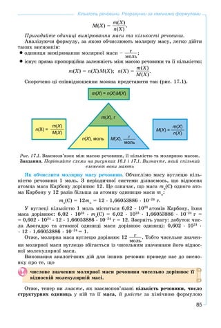 85
Кількість речовини. Розрахунки за хімічними формулами
M(X) =
m(X)
n(X)
.
Ïðèãàäàéòå îäèíèöі âèìіðþâàííÿ ìàñè òà êіëüêîñòі ðå÷îâèíè.
Àíàëіçóþ÷è ôîðìóëó, çà ÿêîþ îá÷èñëþþòü ìîëÿðíó ìàñó, ëåãêî äіéòè
òàêèõ âèñíîâêіâ:
 îäèíèöÿ âèìіðþâàííÿ ìîëÿðíîї ìàñè – ã
ìîëü
;
 іñíóє ïðÿìà ïðîïîðöіéíà çàëåæíіñòü ìіæ ìàñîþ ðå÷îâèíè òà її êіëüêіñòþ:
m(X) = n(X)M(X); n(X) =
m(X)
M(X)
.
Ñêîðî÷åíî öі ñïіââіäíîøåííÿ ìîæíà ïðåäñòàâèòè òàê (ðèñ. 17.1).
m(X) =XX n(X)XX M(X)XX
m(X), гXX
n(X), мольXX M(X),XX г
моль
n(Х) =
m(X)XX
M(X)XX
M(X) =XX
m(X)XX
n(Х)ХХ
Ðèñ. 17.1. Âçàєìîçâ’ÿçîê ìіæ ìàñîþ ðå÷îâèíè, її êіëüêіñòþ òà ìîëÿðíîþ ìàñîþ.
Çàâäàííÿ. Ïîðіâíÿéòå ñõåìè íà ðèñóíêàõ 16.1 і 17.1. Âèçíà÷òå, ÿêèé ñïіëüíèé
åëåìåíò âîíè ìàþòü
ßê îá÷èñëèòè ìîëÿðíó ìàñó ðå÷îâèíè. Îá÷èñëіìî ìàñó âóãëåöþ êіëü-
êіñòþ ðå÷îâèíè 1 ìîëü. Ç ïåðіîäè÷íîї ñèñòåìè äіçíàєìîñü, ùî âіäíîñíà
àòîìíà ìàñà Êàðáîíó äîðіâíþє 12. Öå îçíà÷àє, ùî ìàñà ma
(C) îäíîãî àòî-
ìà Êàðáîíó ó 12 ðàçіâ áіëüøà çà àòîìíó îäèíèöþ ìàñè mu
:
ma
(C) = 12mu
= 12 • 1,66053886 • 10–24
ã.
Ó âóãëåöі êіëüêіñòþ 1 ìîëü ìіñòèòüñÿ 6,02 • 1023
àòîìіâ Êàðáîíó, їõíÿ
ìàñà äîðіâíþє: 6,02 • 1023
• ma
(C) = 6,02 • 1023
• 1,66053886 • 10–24
ã =
= 0,602 • 1024
• 12 • 1,66053886 • 10–24
ã = 12. Çâåðíіòü óâàãó: äîáóòîê ÷èñ-
ëà Àâîãàäðî òà àòîìíîї îäèíèöі ìàñè äîðіâíþє îäèíèöі: 0,602 • 1024
•
• 12 • 1,66053886 • 10–24
= 1.
Îòæå, ìîëÿðíà ìàñà âóãëåöþ äîðіâíþє 12 ã
ìîëü
. Òîáòî ÷èñåëüíå çíà÷åí-
íÿ ìîëÿðíîї ìàñè âóãëåöþ çáіãàєòüñÿ іç ÷èñåëüíèì çíà÷åííÿì éîãî âіäíîñ-
íîї ìîëåêóëÿðíîї ìàñè.
Âèêîíàííÿ àíàëîãі÷íèõ äіé äëÿ іíøèõ ðå÷îâèí ïðèâåäå íàñ äî âèñíî-
âêó ïðî òå, ùî
÷èñëîâå çíà÷åííÿ ìîëÿðíîї ìàñè ðå÷îâèíè ÷èñåëüíî äîðіâíþє її
âіäíîñíіé ìîëåêóëÿðíіé ìàñі.
Îòæå, òåïåð âè çíàєòå, ÿê âçàєìîïîâ’ÿçàíі êіëüêіñòü ðå÷îâèíè, ÷èñëî
ñòðóêòóðíèõ îäèíèöü ó íіé òà її ìàñà, é óìієòå çà õіìі÷íîþ ôîðìóëîþ
 