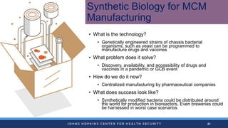 21
Synthetic Biology for MCM
Manufacturing
• What is the technology?
• Genetically engineered strains of chassis bacterial...