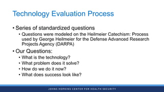Technology Evaluation Process
• Series of standardized questions
• Questions were modeled on the Heilmeier Catechism: Proc...