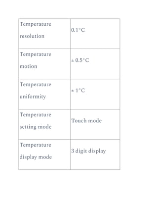 Temperature
resolution
0.1°C
Temperature
motion
± 0.5°C
Temperature
uniformity
± 1°C
Temperature
setting mode
Touch mode
Temperature
display mode
3 digit display
 