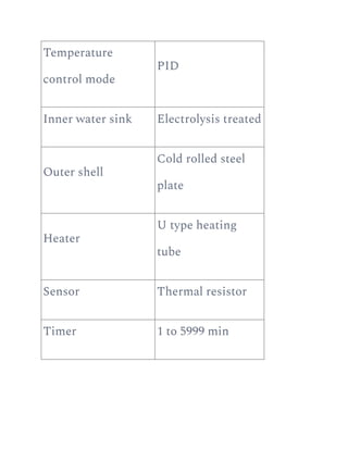 Temperature
control mode
PID
Inner water sink Electrolysis treated
Outer shell
Cold rolled steel
plate
Heater
U type heating
tube
Sensor Thermal resistor
Timer 1 to 5999 min
 