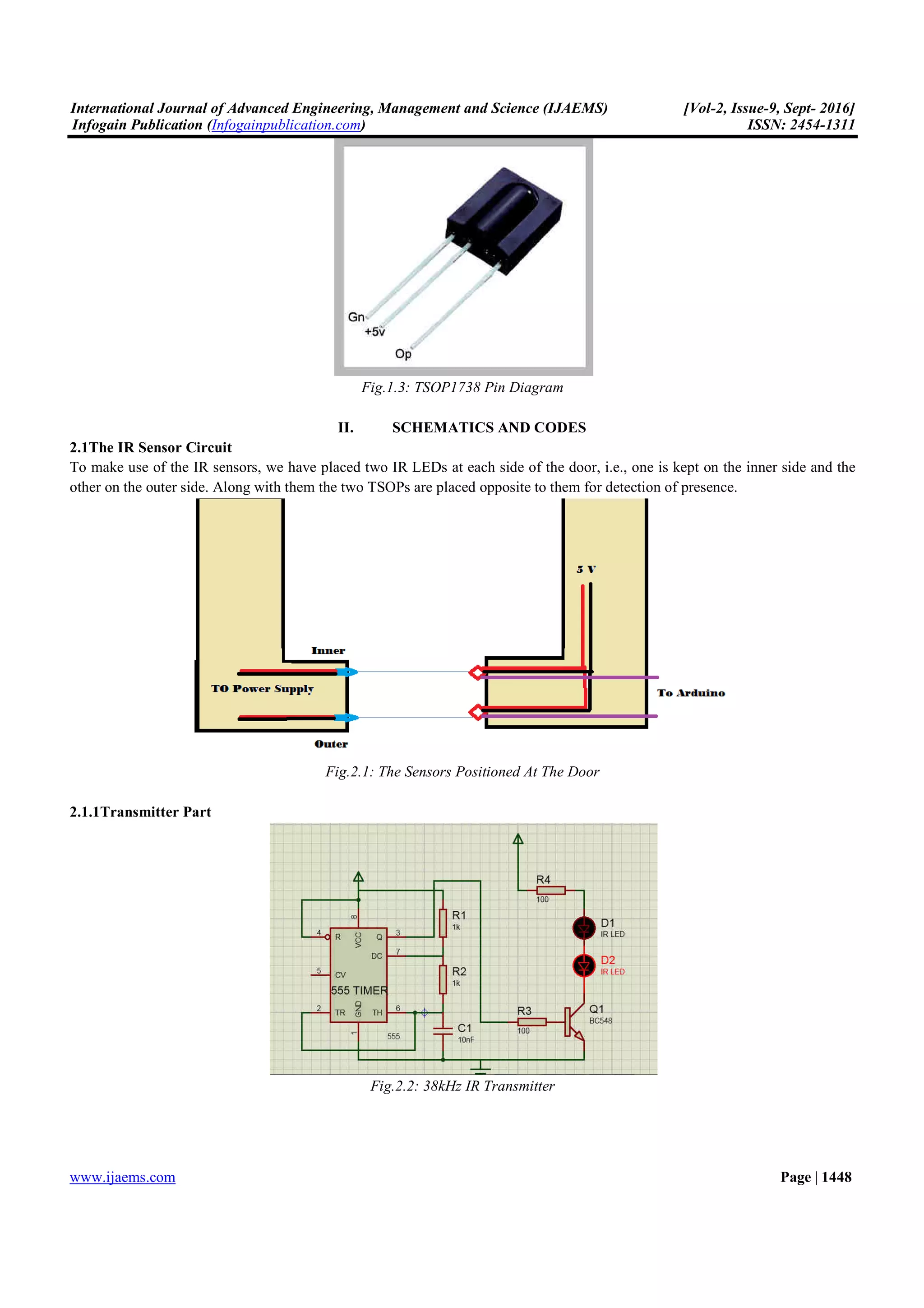 International Journal of Advanced Engineering, Management and Science (IJAEMS) [Vol-2, Issue-9, Sept- 2016]
Infogain Publication (Infogainpublication.com) ISSN: 2454-1311
www.ijaems.com Page | 1448
Fig.1.3: TSOP1738 Pin Diagram
II. SCHEMATICS AND CODES
2.1The IR Sensor Circuit
To make use of the IR sensors, we have placed two IR LEDs at each side of the door, i.e., one is kept on the inner side and the
other on the outer side. Along with them the two TSOPs are placed opposite to them for detection of presence.
Fig.2.1: The Sensors Positioned At The Door
2.1.1Transmitter Part
Fig.2.2: 38kHz IR Transmitter
 