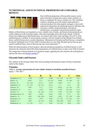 Bee Product Science, www.bee-hexagon.net, February 2014 17
NUTRITIONAL AND FUNCTIONAL PROPERTIES OF UNIFLORAL
HONEYS
Due t...