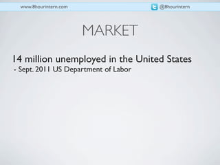 www.8hourintern.com                 @8hourintern




                        MARKET
14 million unemployed in the United States
- Sept. 2011 US Department of Labor
 