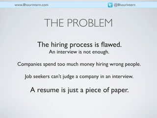 www.8hourintern.com                                 @8hourintern




                THE PROBLEM
            The hiring process is ﬂawed.
                      An interview is not enough.

 Companies spend too much money hiring wrong people.

     Job seekers can’t judge a company in an interview.

        A resume is just a piece of paper.
 