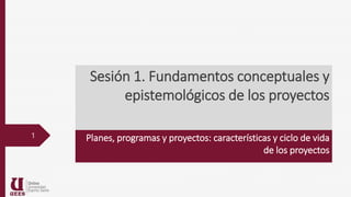 Sesión 1. Fundamentos conceptuales y
epistemológicos de los proyectos
Planes, programas y proyectos: características y ciclo de vida
de los proyectos
1
 