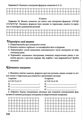 Завдання 9. Напишіть електронні формули елементів 6,9,15.
IV рівень
Завдання 10. Назвіть елементи, що мають такі електронні формули: І522$22р2,
І522і22р63523р1. Напишіть формули їхніх оксидів та гідроксидів, укажіть їх харак­
тер та підтвердіть рівняннями реакцій.
?Перевірте свої знання
1. Охарактеризуйте рух електронів в атомі.
2. Поясніть поняття «орбіталь» та класифікуйте його за формою.
3. Запропонуйте спосіб визначення максимального числа електронів на енер­
гетичному рівні.
4. Порівняйте заповнення електронами зовнішніх енергетичних рівнів в еле­
ментів другого і третього періодів. Що подібне і чим відрізняються? Зробіть
висновок.
(Домашнє завдання
1. Напишіть хімічні символи, формули простих речовин, вищих оксидів та лет­
ких сполук з Гідрогеном для елементів з протонними числами:
І варіант II варіант
а) 3; б) 13; в) 17. а) 7; б) 12; в) 16.
а) ______________________________ ; а )_____________________________ ;
б) ______________________________; б )_____________________________ ;
в) _____________________________ в ) _____________________________ .
2. Зобразіть будову електронних оболонок цих елементів електронними фор­
мулами й схемами розподілу електронів за енергетичними комірками.
 