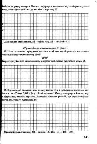 зайдіть формулу сполуки. Напишіть формули вищого оксиду та гідроксиду еле-
внта, що входить до її складу, вкажіть їх характер.бб.
Самооцініть свої знання: 286 - оцінка «9»; 216 - «8»; 146 - «7».
IVрівень (додатково до завдань III рівня)
12. Назвіть елемент періодичної системи, який має такий розподіл електронів
ізовнішньому енергетичному рівні:
2522р3
карактеризуйте його за положенням у періодичній системі та будовою атома. 56.
13. Від взаємодії двовалентного металу масою 1,3 г з сульфатною кислотою ви-
іився газ об’ємом 0,448 л (н.у.). Який це метал? Складіть формули його оксиду
гідроксиду, вкажіть характер. Напишіть рівняння реакцій, що характеризують
«ічні властивості гідроксиду. 86.
Самооцініть свої знання: 386 - оцінка «12»; 286 - «11»; 196 - «10».
143
 