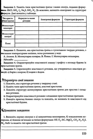 Завдання 2. Укажіть типи кристалічних ґраток і назви сполук, поданих форму-
Ш>С1, 8іН4, і2, Иа28, № ї3, М2. Де можливо, напишіть електронні та структурні
армули. Дані впишіть у таблицю.
ІТип криста­
лічної ґратки
Формули та назви
речовин
Електронні формули Структурні формули
ІМолекулярні
1 неполярні
(Молекулярні
полярні
Йонні
Завдання 3. Позначте, яка кристалічна ґратка в тугоплавких твердих речовин, з
(високими температурами кипіння, легко розчинних у воді:
А. Атомна. Б. Молекулярна полярна. В. Йонна. Г. Молекулярна неполярна.
Відповідь:____________
Завдання 4. Охарактеризуйте властивості алмазу і графіту з погляду будови їх
(кристалічних ґраток.
Завдання 5. Спрогнозуйте властивості речовин, що утворюються внаслідок ре-
|акцій: а) барію з хлором; б) водню з йодом.
?Перевірте свої знання
1. Поясніть, яка структура речовин у твердому стані.
2. Назвіть типи кристалічних ґраток, властиві кристалам.
3. Поясніть структуру молекулярних кристалічних ґраток для простих і склад­
них речовин.
4. Охарактеризуйте властивості речовин з атомними кристалічними ґратками.
5. Наведіть приклад йонних сполук та поясніть, як залежать їх властивості від
кристалічної будови.
[^Домашнє завдання
1. Випишіть окремо сполуки з: а) ковалентним неполярним, б) ковалентним по-
[лярним, в) йонним зв’язками за їхніми формулами: НБ, 0 2, БіС, М§С12, С 02, И2, К28,
[Вг2, ИаВг та вкажіть тип кристалічної ґратки.
153
 