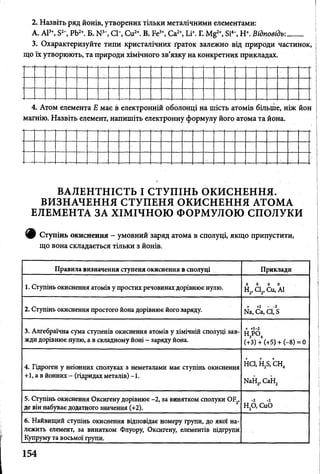 2. Назвіть ряд йонів, утворених тільки металічними елементами:
А. А13+, Б2-, РЬ2+. Б. № ', СІ', Си2+. В. Бе3+, Са2+, Ьі+. Г. 2 ^ 2+, Бі4', Н+. Відповідь___
3. Охарактеризуйте типи кристалічних ґраток залежно від природи частинок,
що їх утворюють, та природи хімічного зв’язку на конкретних прикладах.
4. Атом елемента Е має в електронній оболонці на шість атомів більше, ніж йо
магнію. Назвіть елемент, напишіть електронну формулу його атома та йона.
ВАЛЕНТНІСТЬ І СТУПІНЬ ОКИСНЕННЯ.
ВИЗНАЧЕННЯ СТУПЕНЯ ОКИСНЕННЯ АТОМА
ЕЛЕМЕНТА ЗА ХІМІЧНОЮ ФОРМУЛОЮ СПОЛУКИ
ф Ступінь окиснення - умовний заряд атома в сполуці, якщо припустити,
що вона складається тільки з йонів.
Правила визначення ступеня окиснення в сполуці Приклади
1. Ступінь окиснення атомів у простих речовинах дорівнює нулю.
0 0 0 0
Н2,С12,Си,А1
2. Ступінь окиснення простого йона дорівнює його заряду.
+ +2 ~ -2
Иа, Са, СІ, Б
3. Алгебраїчна сума ступенів окиснення атомів у хімічній сполуці зав­
жди дорівнює нулю, а в складному йоні - заряду йона.
+ +5-2
н 3Р04
(+3) + (+5) + (—8) — 0
4. Гідроген у неіонних сполуках з неметалами має ступінь окиснення
+ 1, а в йонних - (гідридах металів) - 1.
н е ї , н 28 , СН4
МаН2, СаН2
5. Ступінь окиснення Оксигену дорівнює -2, за винятком сполуки ОБ2,
де він набуває додатного значення (+2). НД СиО
6. Найвищий ступінь окиснення відповідає номеру групи, до якої на­
лежить елемент, за винятком Флуору, Оксигену, елементів підгрупи
Купруму та восьмої групи.
154
 