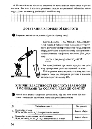 6. На магній оксид кількістю речовини 0,8 моль подіяли надлишком нітратно
кислоти. Яка маса і кількість речовини кислоти витратилися? Обчисліть число
структурних частинок у даній порції магній оксиду.
ДОБУВАННЯ ХЛОРИДНОЇ к и с л о т и
ф Хлоридна кислота - це розчин гідроген хлориду у воді.
Хімічна формула - НСІ, М.(НСІ) = 36,5, М(НС1) =
= 36,5 г/моль. У лабораторних умовах кислоту добу­
вають розчиняючи гідроген хлорид у воді. Гідроген
хлорид добувають з натрій хлориду за нагрівання з
концентрованою сульфатною кислотою (див. рису­
нок):
NaCl + H.SO .(конц.) =NaHSO. + НСіТ
кристал.
Газ, що виділяється при цьому, пропускають крізь
воду з утворенням розчину хлоридної кислоти.
Щоб отримати концентровану кислоту, воду на­
сичують газом до утворення розчину з масовою
часткою гідроген хлориду 40%.
ХІМІЧНІ ВЛАСТИВОСТІ КИСЛОТ: ВЗАЄМОДІЯ
З ОСНОВАМИ ТА СОЛЯМИ. РЕАКЦІЇ ОБМІНУ
^ Реакції між двома складними речовинами, під час яких вони обміню­
ються складовими частинами, називають реакціями обміну.
№ Хімічні властивості Тип реакцій
1.
Взаємодія з лугами:
НСІ + МаОН = ИаСІ + Н20. Утворюється сіль та вода.
Реакція обміну
2.
Взаємодія з нерозчинними у воді основами:
Н2Б04+ Си(ОН)2= Си504+ 2НаО. Утворюється сіль та вода.
Реакція обміну
54
 
